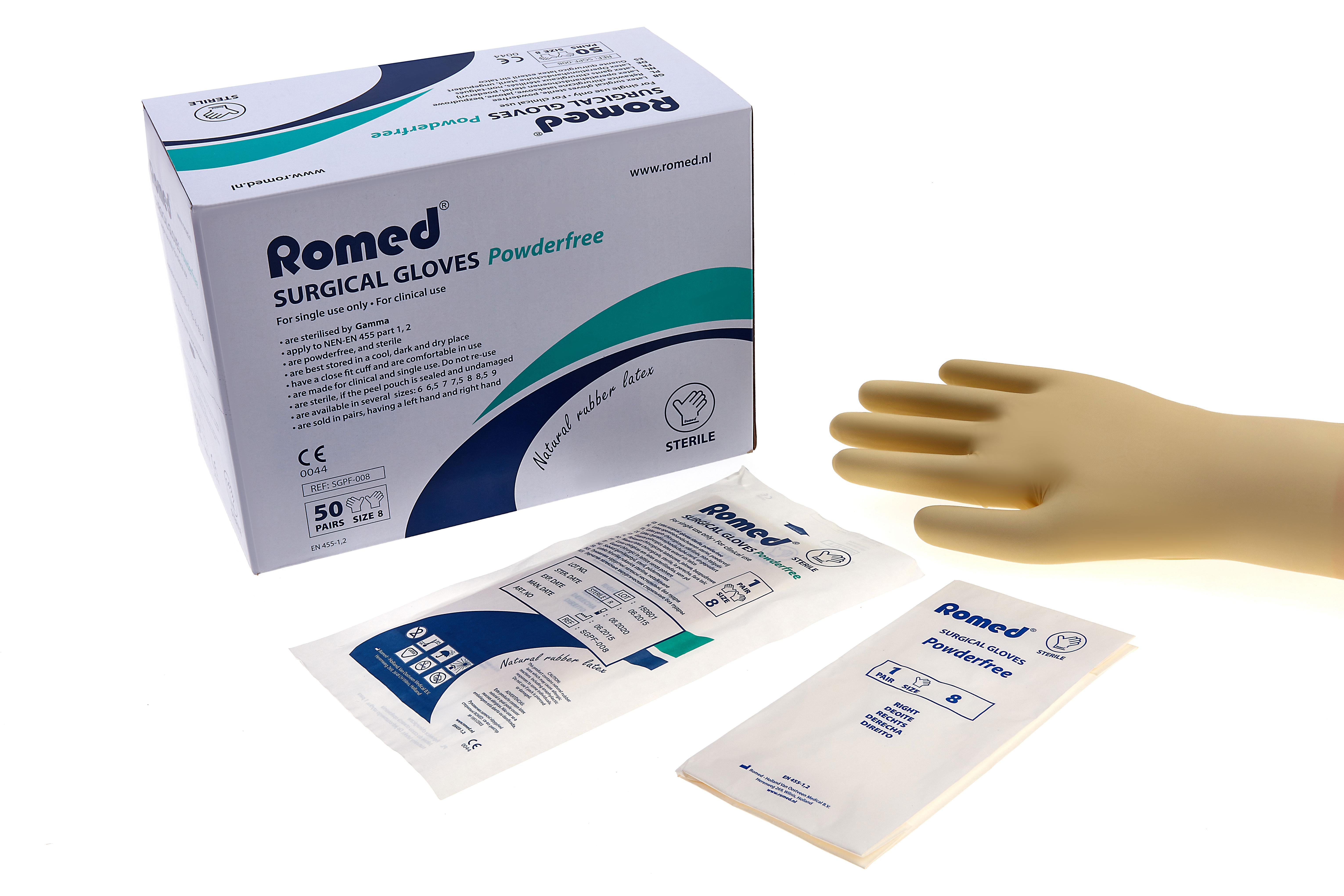 Romed Γάντια Latex χειρουργικά Αποστειρωμένα χωρίς πούδρα No 8 - 50 ζεύγη