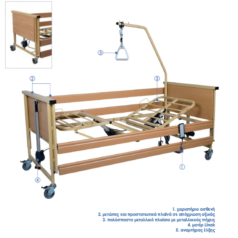 Νοσοκομειακό Ηλεκτρικό Κρεβάτι Ξύλινο Πολύσπαστο με Μεταλλικούς Πήχεις TRENTO 1 (σε 6 ΑΤΟΚΕΣ ΔΟΣΕΙΣ)
